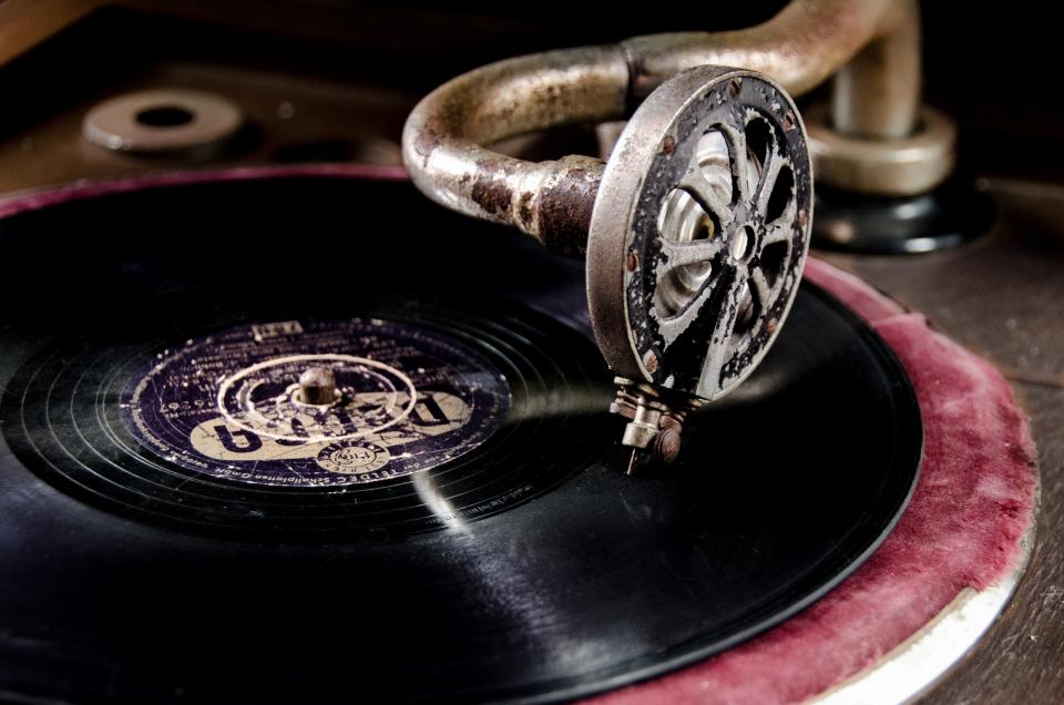 A vinyl record on a turntable
