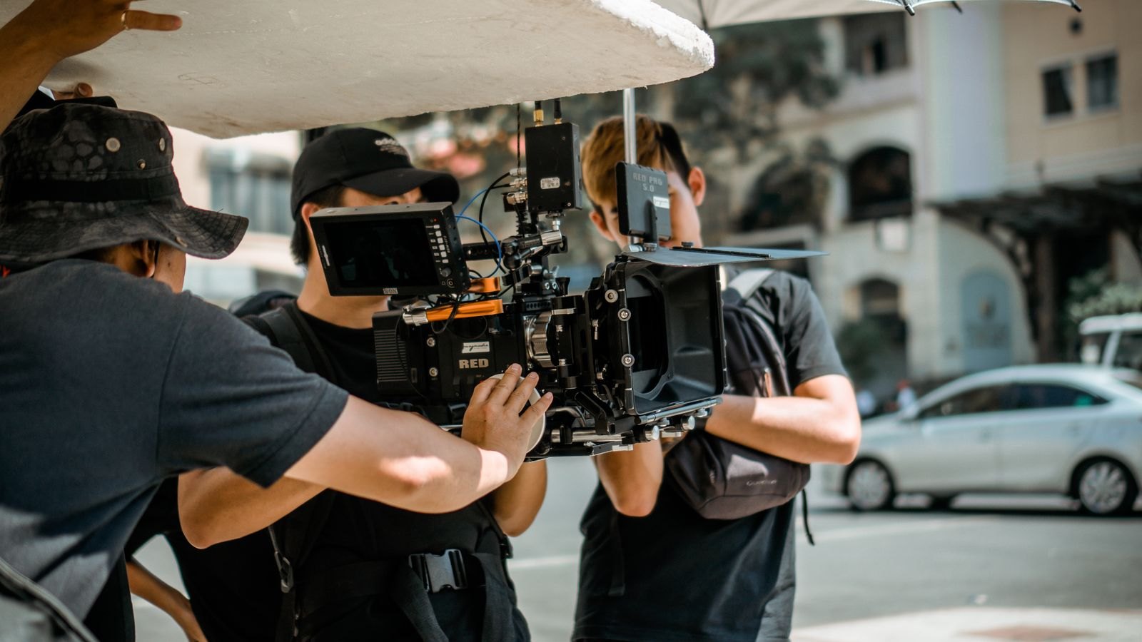 A film crew shooting on location