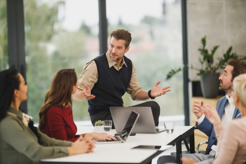 A founder presenting an idea to a room